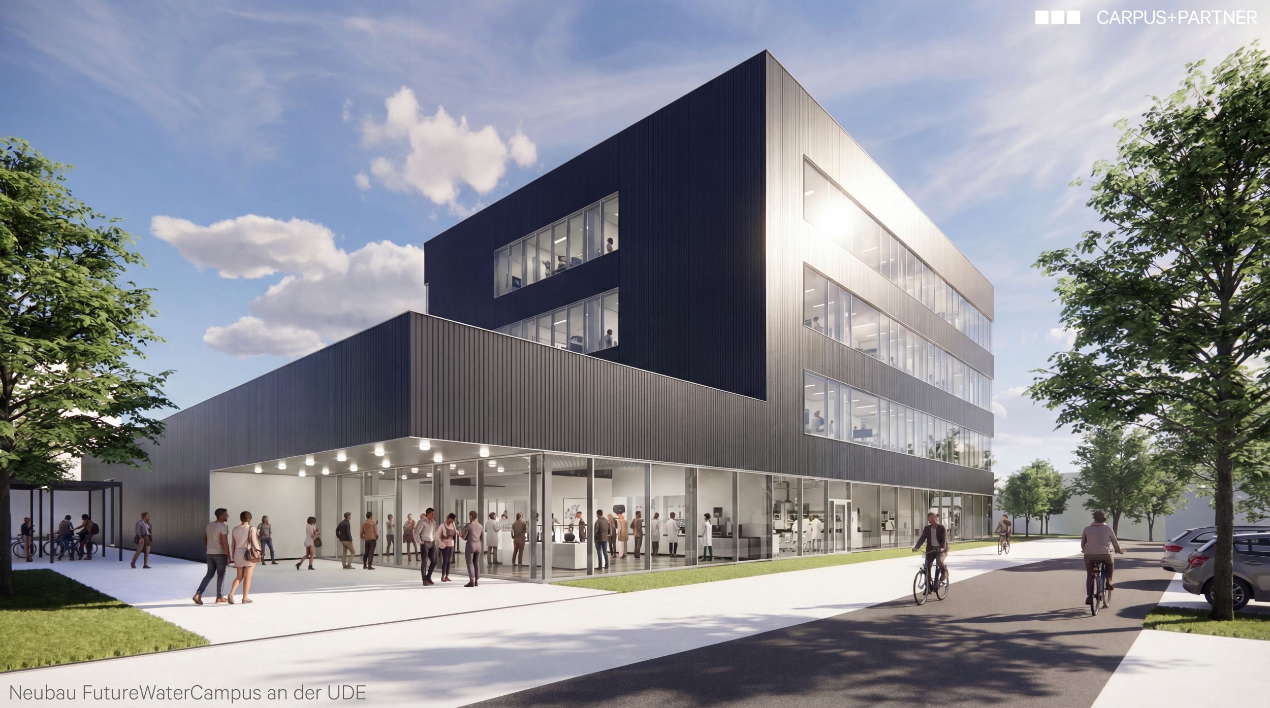 Vorschau auf das Gebäude, ein moderner, anthrazitfarbener Bau mit Glaselementen